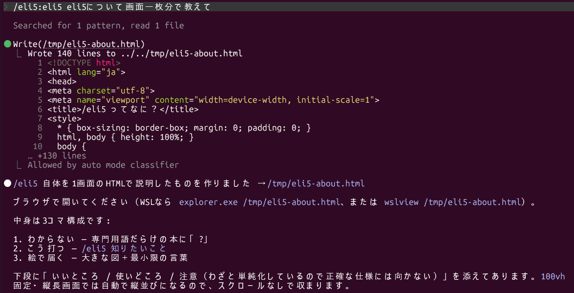 eli5を実行したターミナル。HTMLファイルを書き出し、ブラウザで開くよう促し、3コマ構成であることを説明している