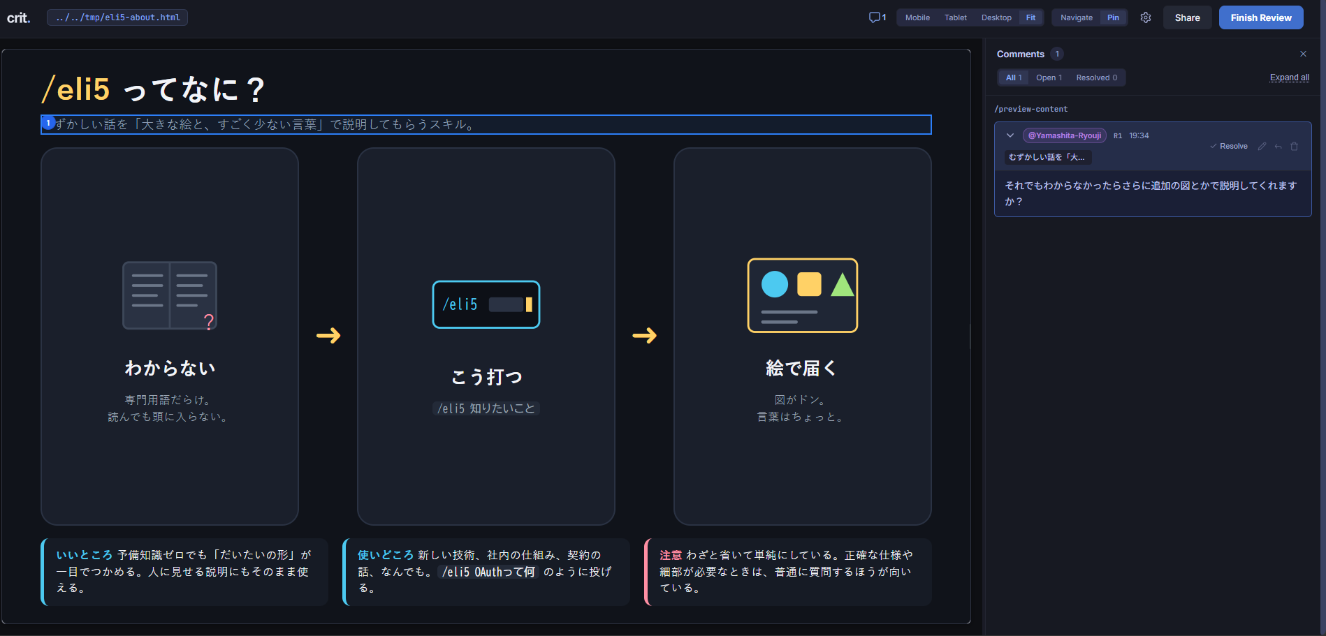 critで開いたeli5の説明HTML。見出し下の1行が選択され、右のコメント欄に質問が書かれている